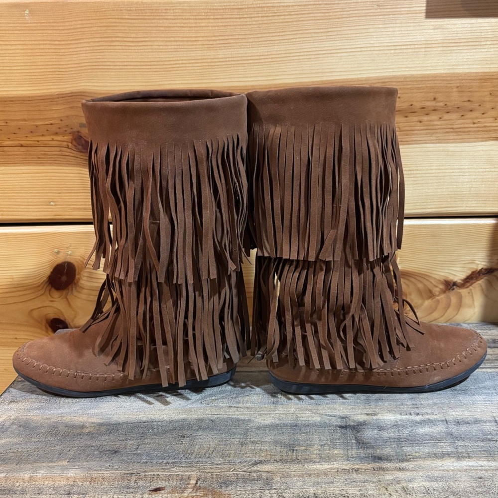 Rampage Candid Brown Suede Layered Fringe Moccasin Boots
